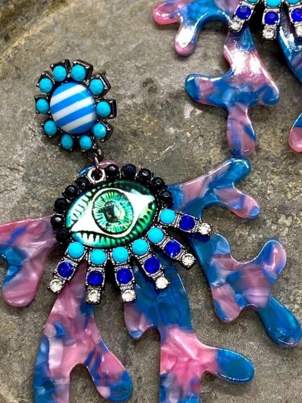 Artisan Blue & Pink Resin Eye Drop Evil Eye Post Earrings